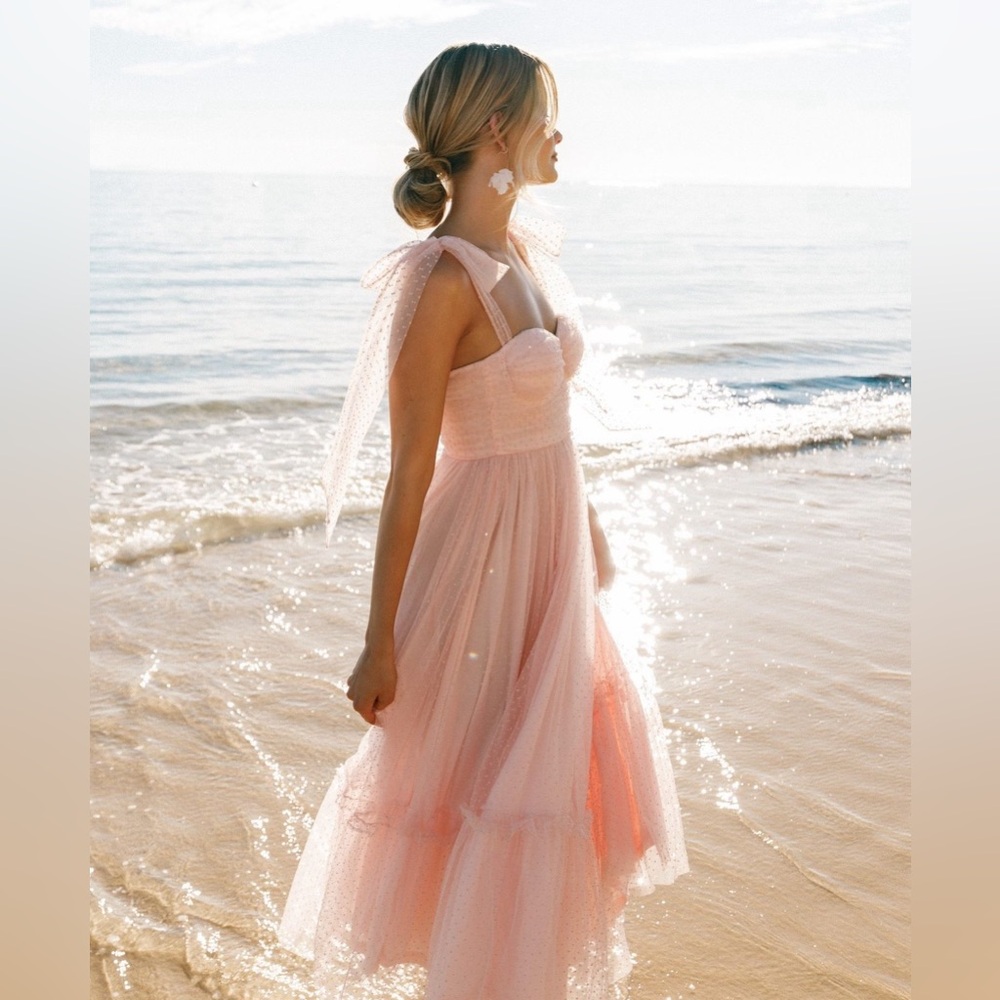 Mable Pink Tulle Polka Dot Tie-Strap Midi Dress, Size: Medium, NWOT